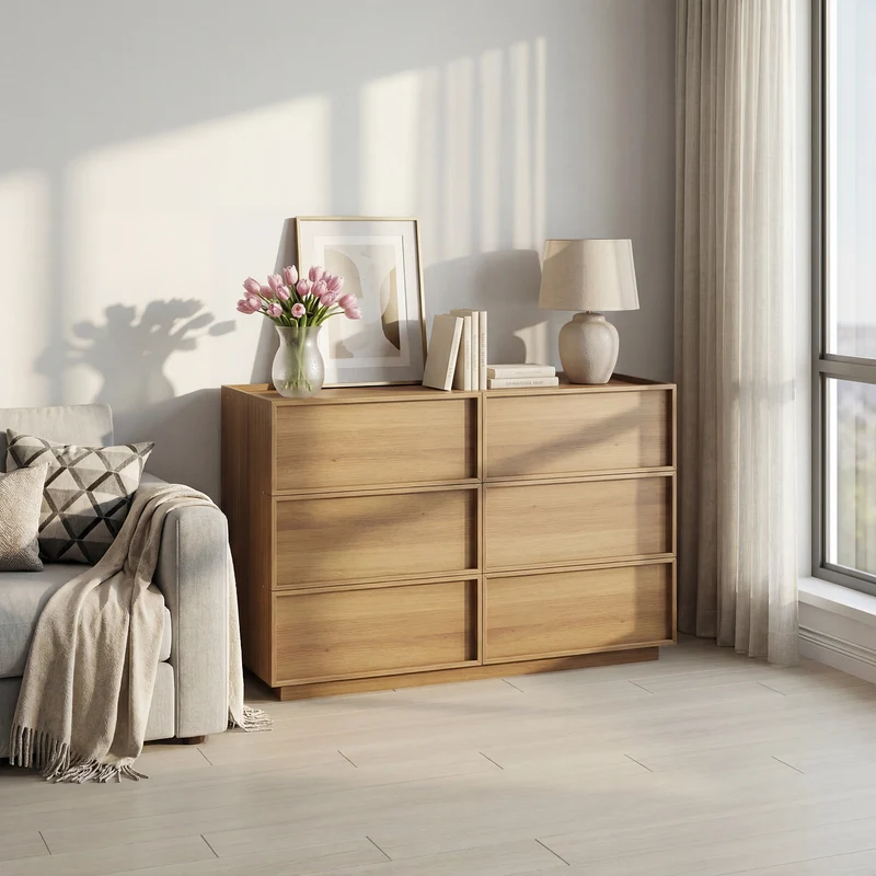 Buffet moderne à 6 tiroirs effet chêne, design minimaliste sans poignées 115x48x78cm LAMP AIR