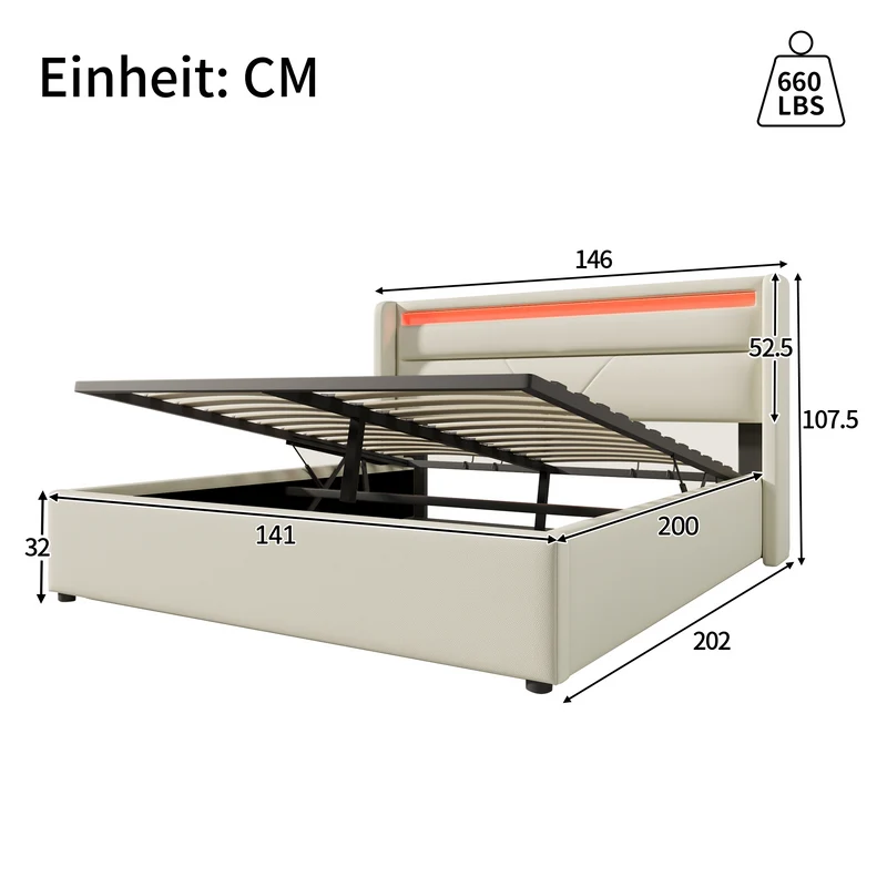 Lit coffre hydraulique 140x200cm blanc PU avec LED et télécommande – Design moderne, grand espace de rangement