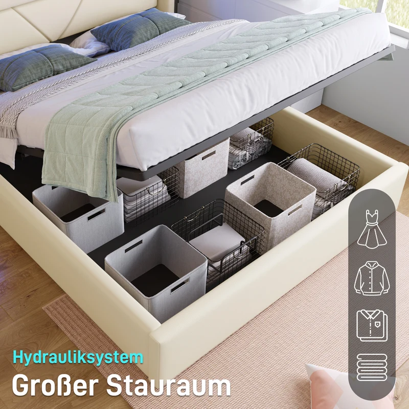 Lit coffre hydraulique 140x200cm blanc PU avec LED et télécommande – Design moderne, grand espace de rangement