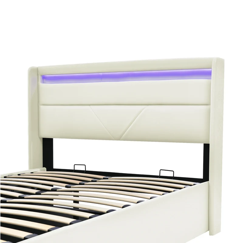 Lit coffre hydraulique 140x200cm blanc PU avec LED et télécommande – Design moderne, grand espace de rangement