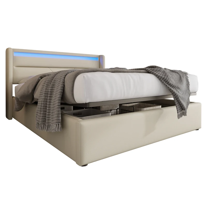 Lit coffre hydraulique 140x200cm blanc PU avec LED et télécommande – Design moderne, grand espace de rangement