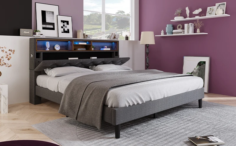 Lit double 140x200 cm avec rangement, tête de lit LED, bois massif, gris, style moderne