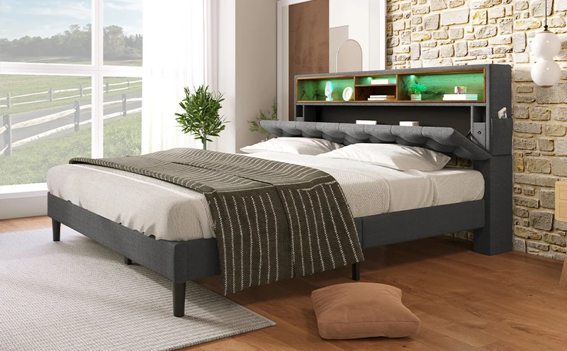 Lit double 140x200 cm avec rangement, tête de lit LED, bois massif, gris, style moderne