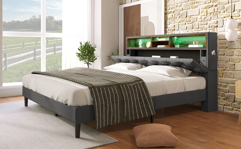 Lit double 140x200 cm avec rangement, tête de lit LED, bois massif, gris, style moderne