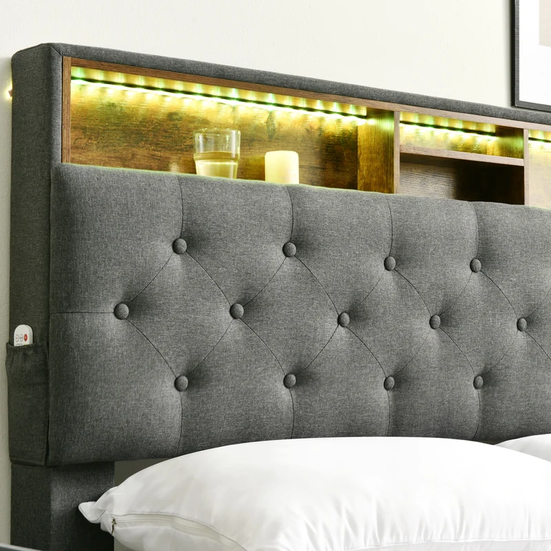 Lit double 140x200 cm avec rangement, tête de lit LED, bois massif, gris, style moderne