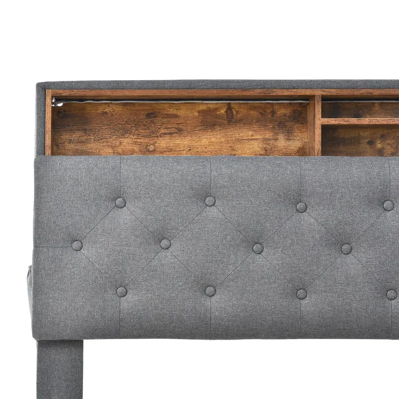 Lit double 140x200 cm avec rangement, tête de lit LED, bois massif, gris, style moderne