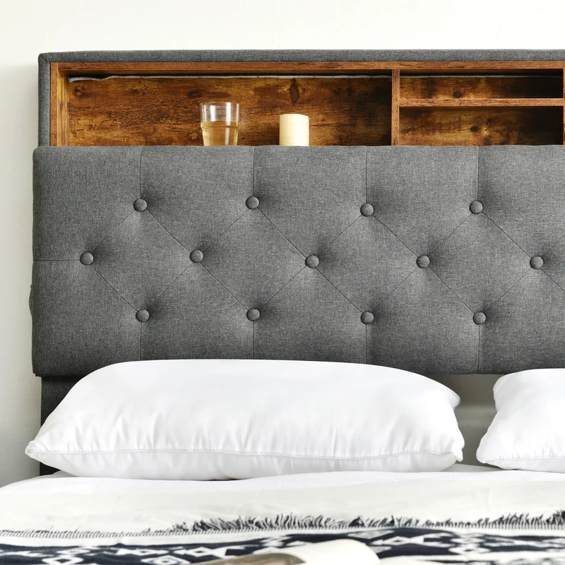 Lit double 140x200 cm avec rangement, tête de lit LED, bois massif, gris, style moderne