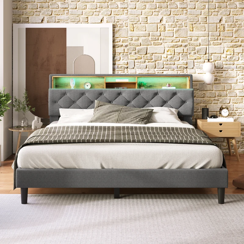 Lit double 140x200 cm avec rangement, tête de lit LED, bois massif, gris, style moderne
