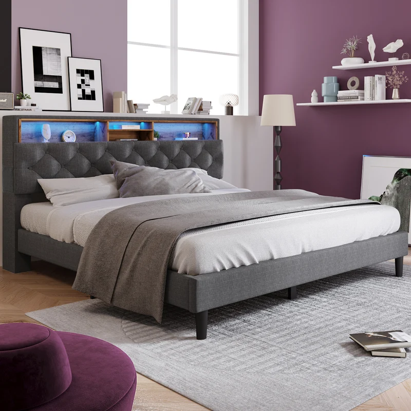 Lit double 140x200 cm avec rangement, tête de lit LED, bois massif, gris, style moderne