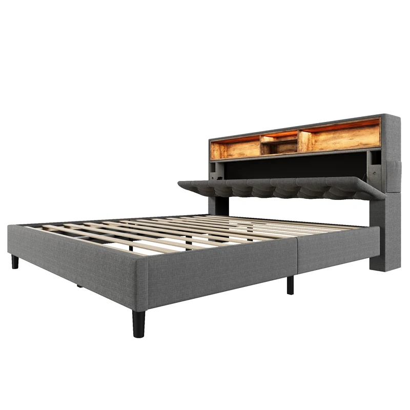 Lit double 140x200 cm avec rangement, tête de lit LED, bois massif, gris, style moderne