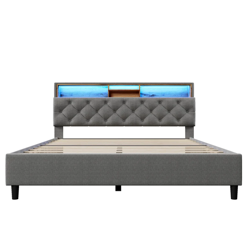 Lit double 140x200 cm avec rangement, tête de lit LED, bois massif, gris, style moderne