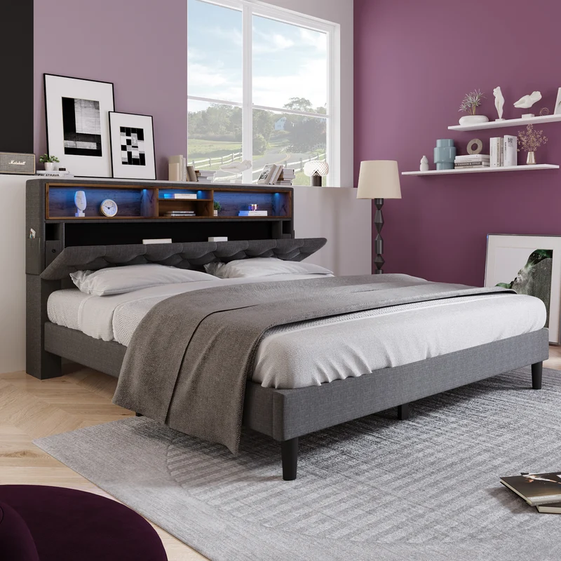 Lit double 140x200 cm avec rangement, tête de lit LED, bois massif, gris, style moderne