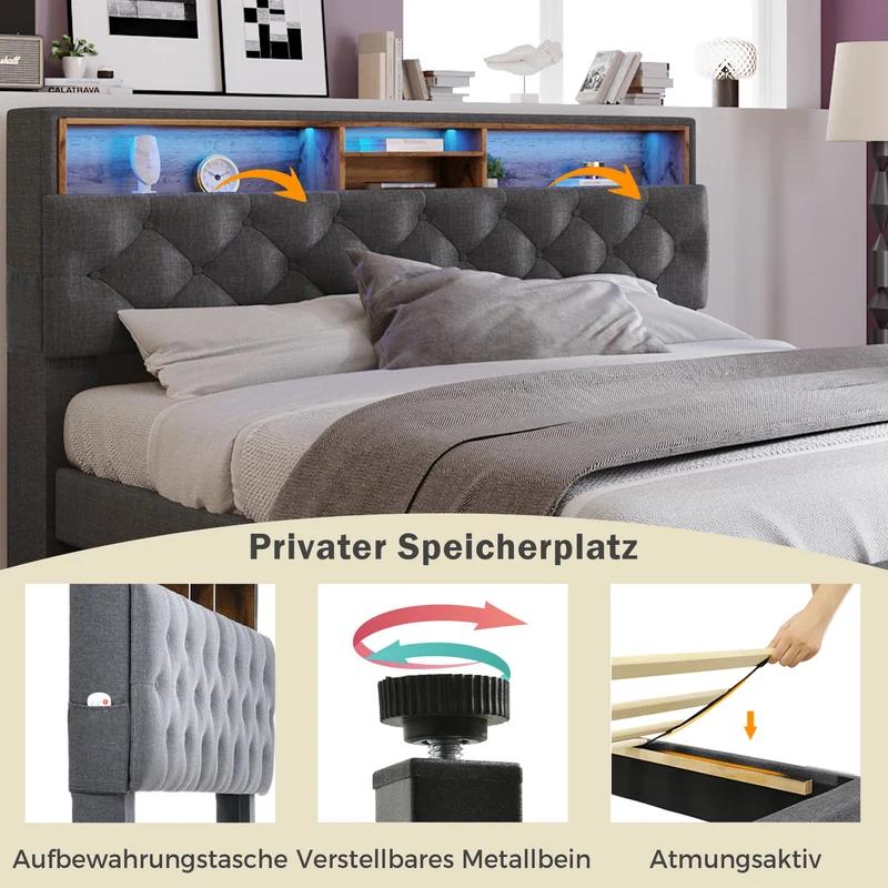 Lit double 140x200 cm avec rangement, tête de lit LED, bois massif, gris, style moderne
