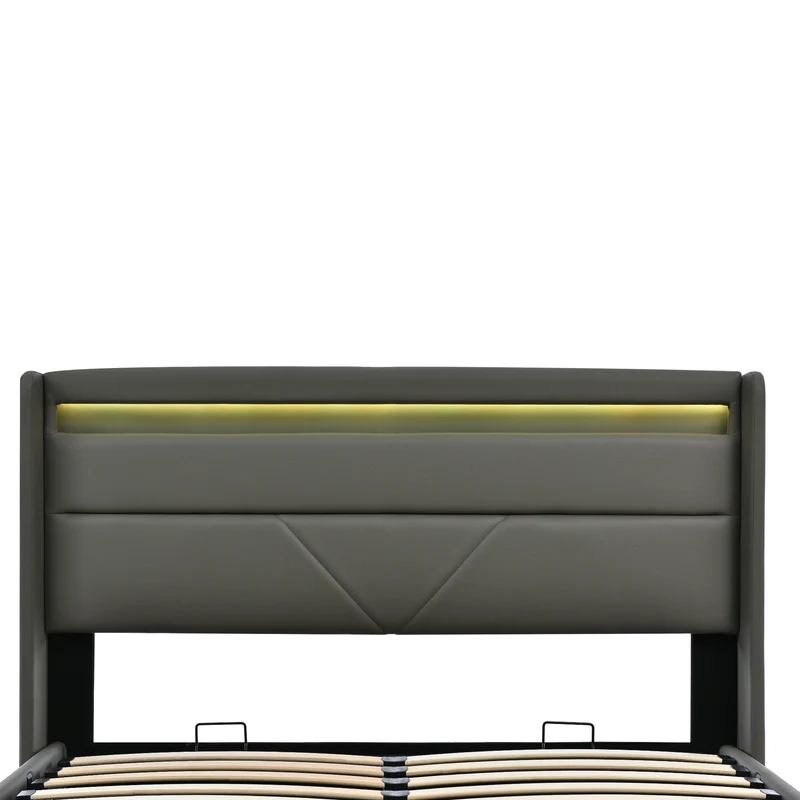 Lit coffre hydraulique 140x200cm gris avec LED et télécommande, cadre de lit rembourré moderne