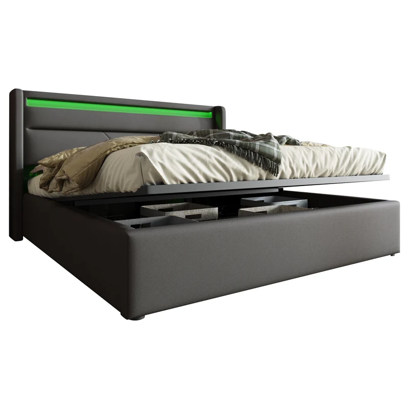 Lit coffre hydraulique 140x200cm gris avec LED et télécommande, cadre de lit rembourré moderne