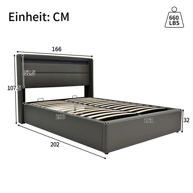 Lit coffre hydraulique 160x200cm gris avec LED et télécommande, cadre rembourré moderne