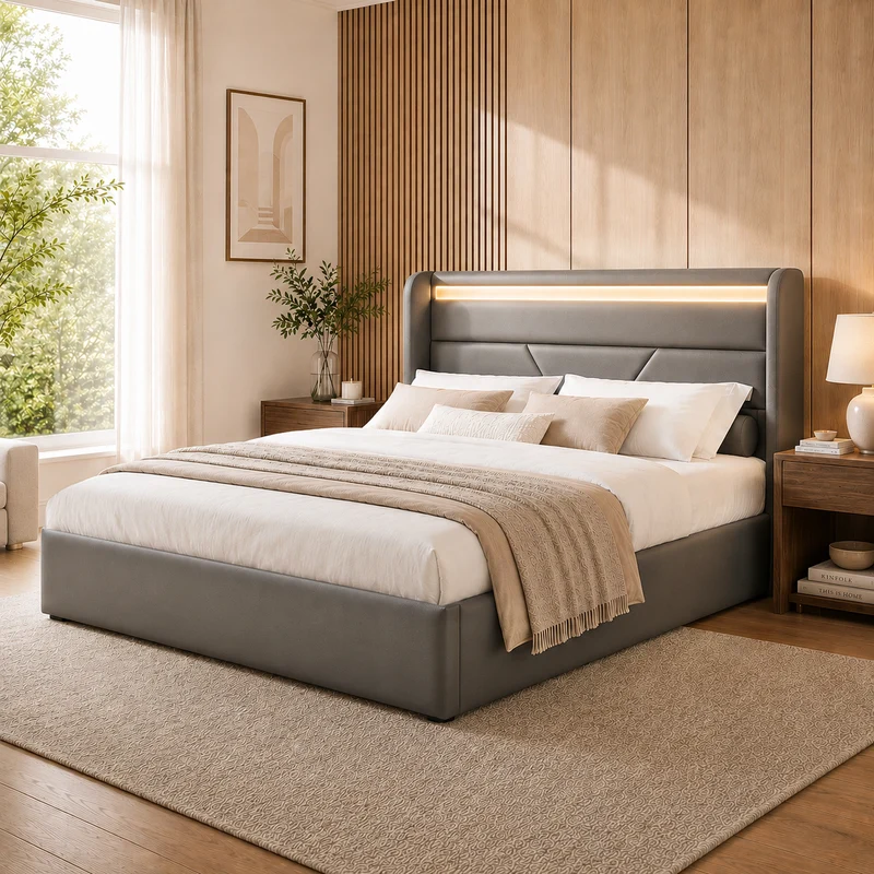 Lit coffre hydraulique 160x200cm gris avec LED et télécommande, cadre rembourré moderne