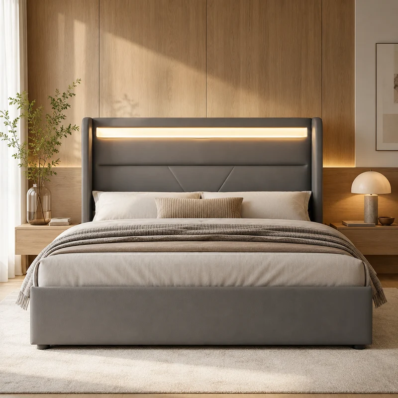 Lit coffre hydraulique 160x200cm gris avec LED et télécommande, cadre rembourré moderne