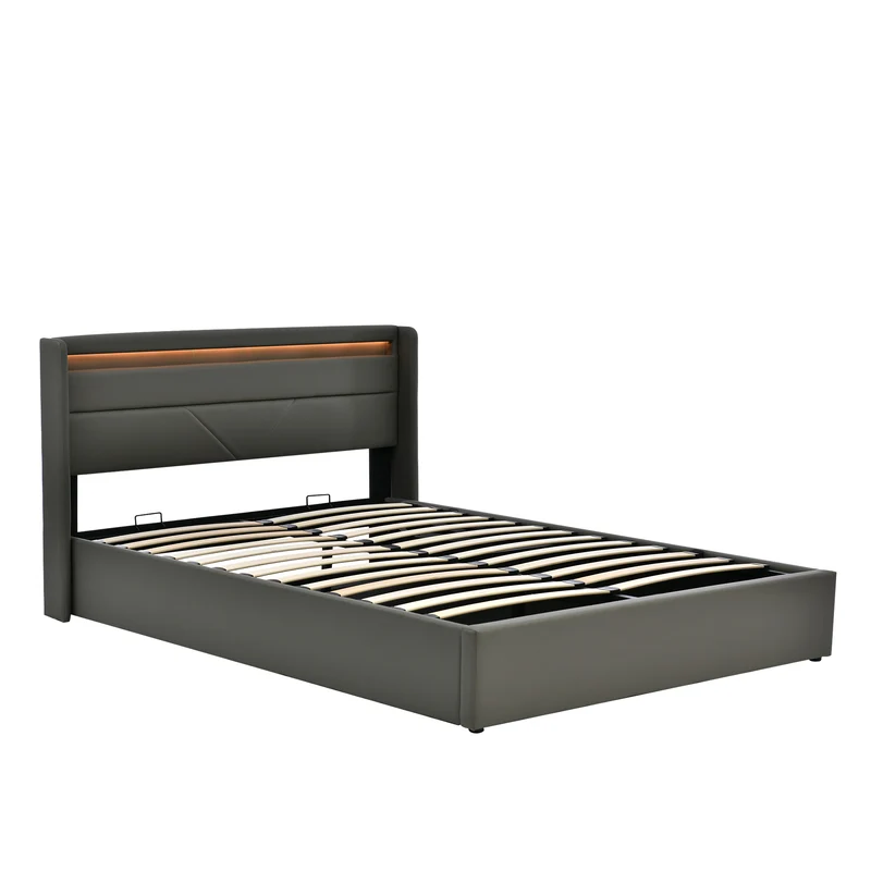 Lit coffre hydraulique 160x200cm gris avec LED et télécommande, cadre rembourré moderne