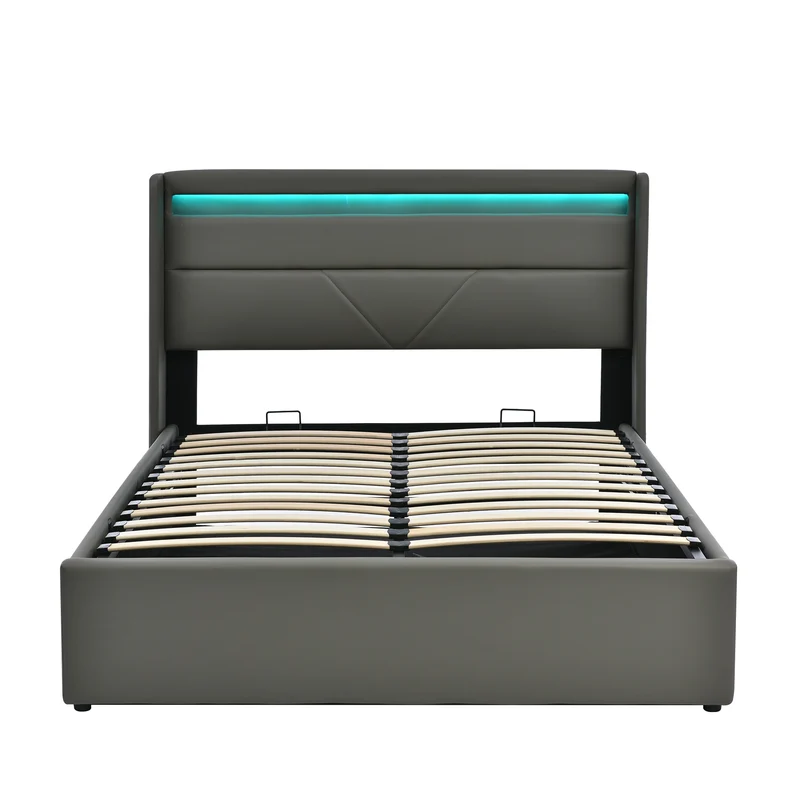 Lit coffre hydraulique 160x200cm gris avec LED et télécommande, cadre rembourré moderne
