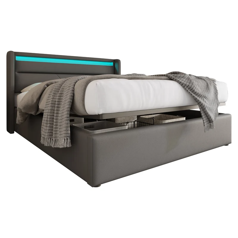 Lit coffre hydraulique 160x200cm gris avec LED et télécommande, cadre rembourré moderne
