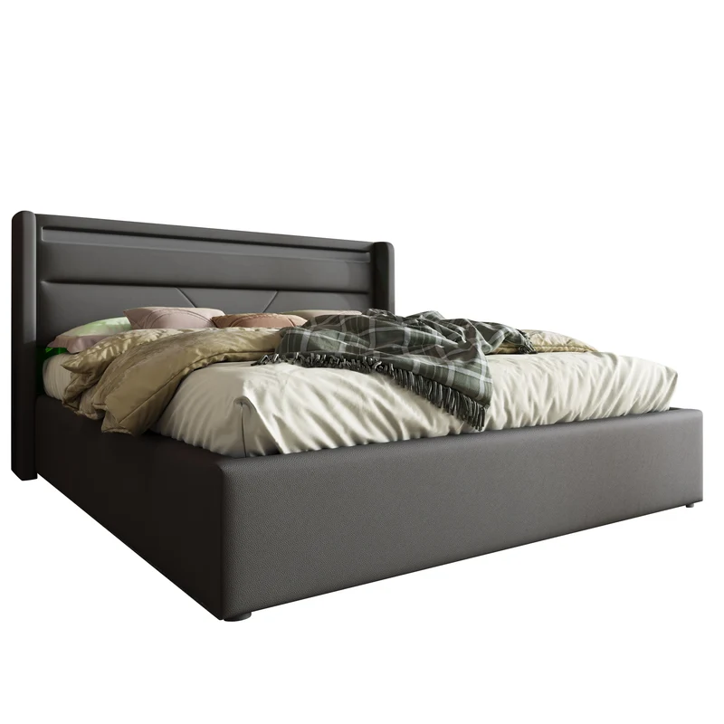 Lit coffre hydraulique 160x200cm gris avec LED et télécommande, cadre rembourré moderne