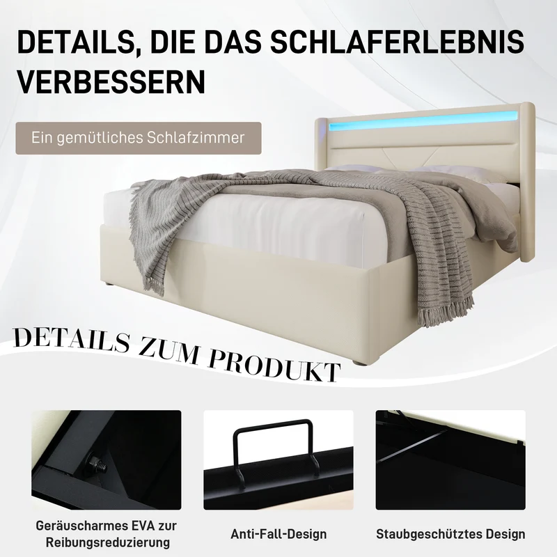 Lit coffre hydraulique 160x200cm blanc PU avec LED et télécommande, design moderne, grand espace de rangement