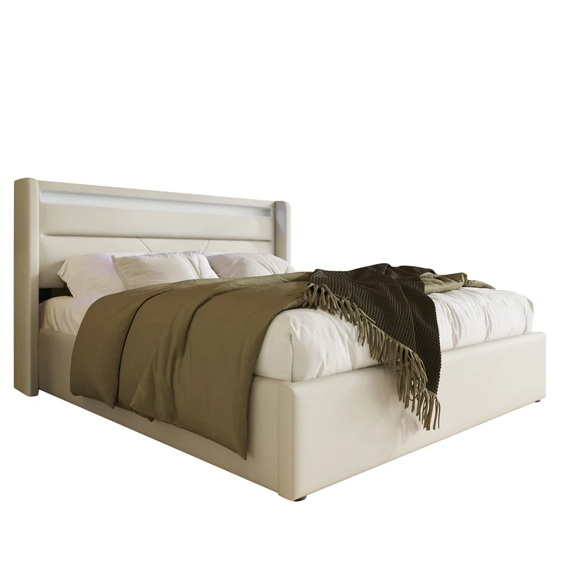 Lit coffre hydraulique 160x200cm blanc PU avec LED et télécommande, design moderne, grand espace de rangement
