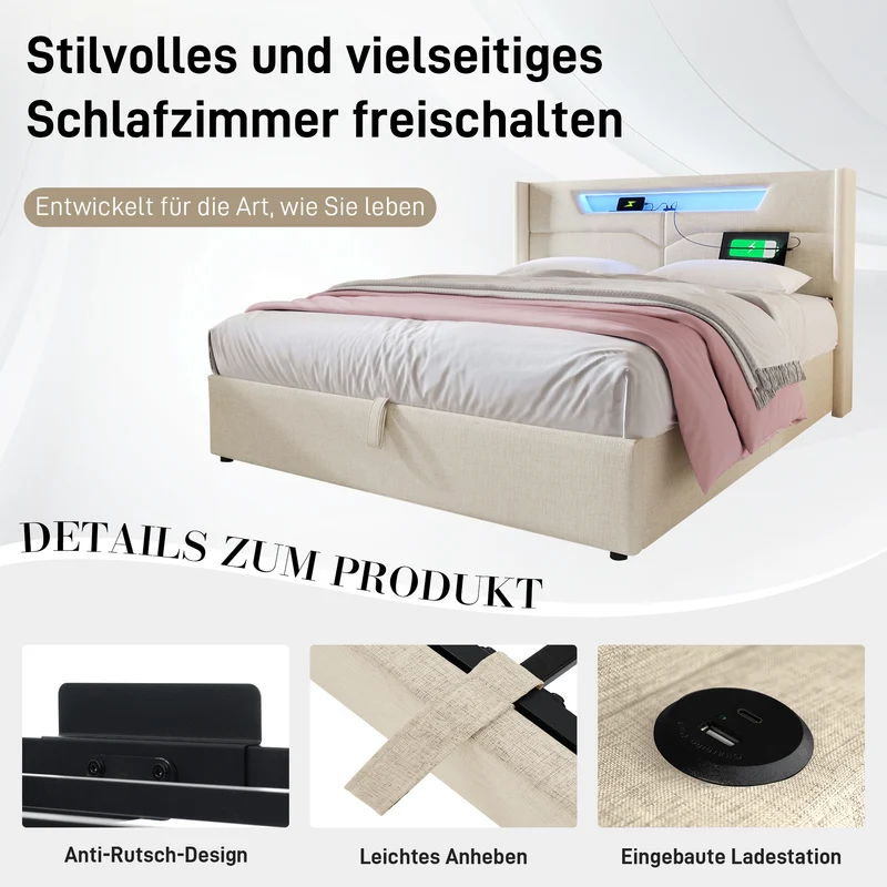 Lit double 140x200cm en lin beige avec LED, rangement, ports USB-C – Design moderne et confortable