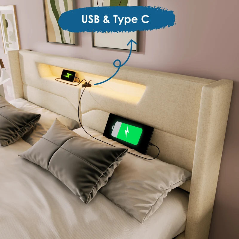 Lit double 140x200cm en lin beige avec LED, rangement, ports USB-C – Design moderne et confortable