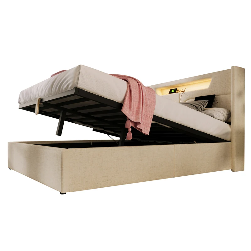 Lit double 140x200cm en lin beige avec LED, rangement, ports USB-C – Design moderne et confortable