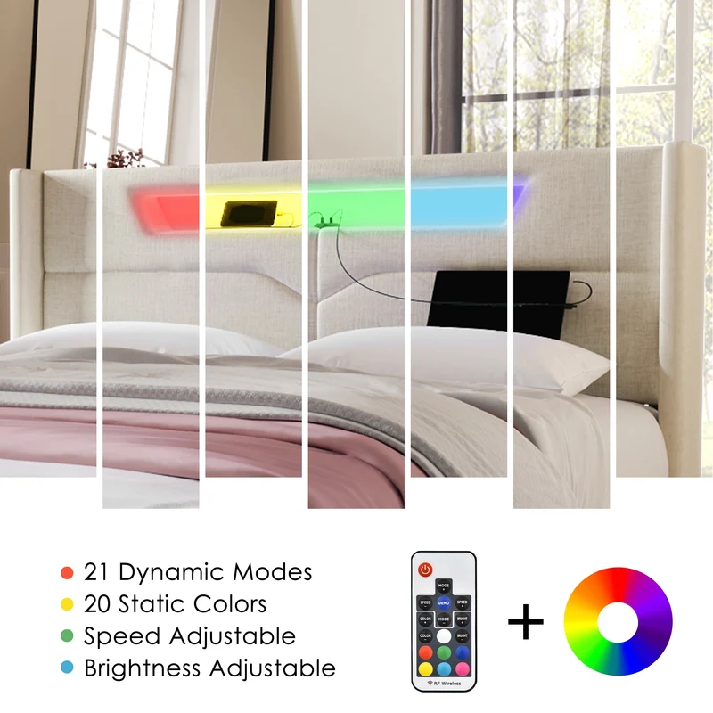 Lit double 140x200cm en lin beige avec LED, rangement, ports USB-C – Design moderne et confortable