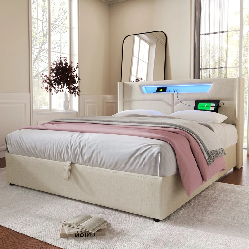 Lit double 140x200cm en lin beige avec LED, rangement, ports USB-C – Design moderne et confortable