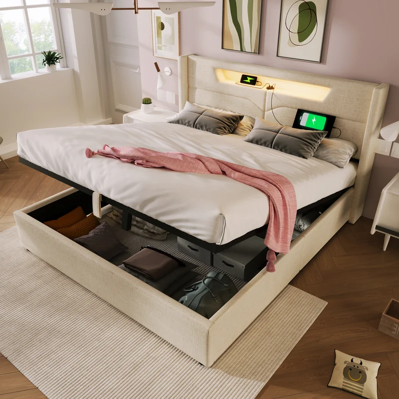 Lit double 140x200cm en lin beige avec LED, rangement, ports USB-C – Design moderne et confortable