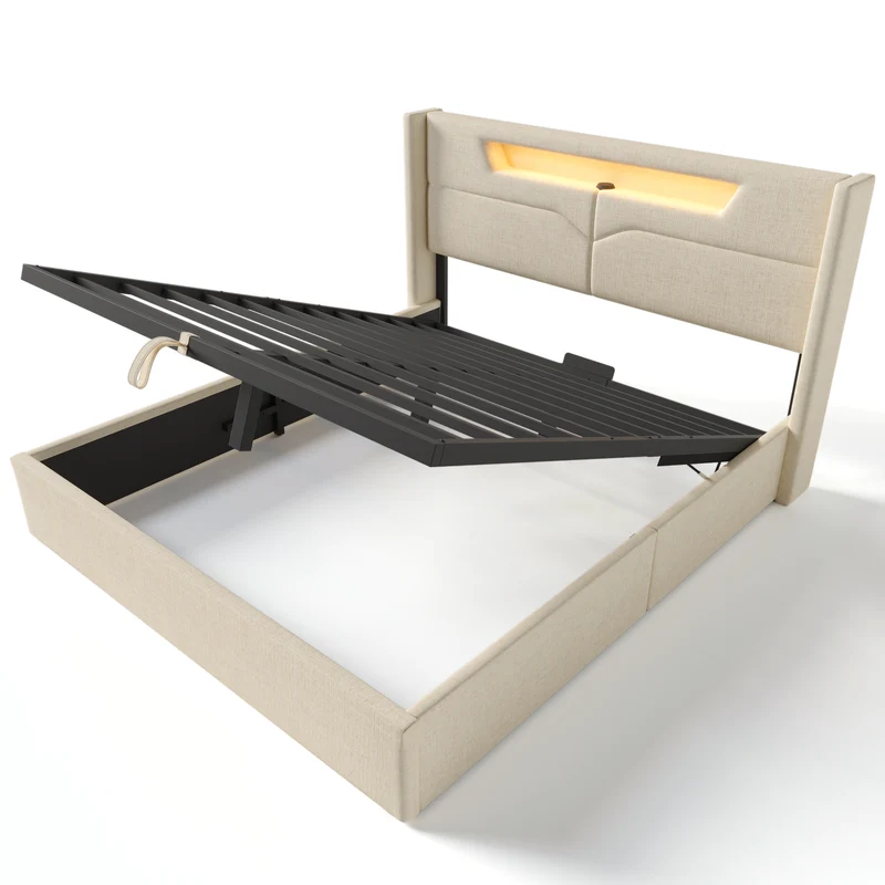 Lit double 140x200cm en lin beige avec LED, rangement, ports USB-C – Design moderne et confortable