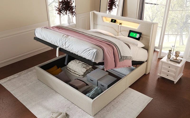 Lit double 140x200cm en lin beige avec LED, rangement, ports USB-C – Design moderne et confortable