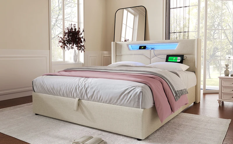Lit double 140x200cm en lin beige avec LED, rangement, ports USB-C – Design moderne et confortable