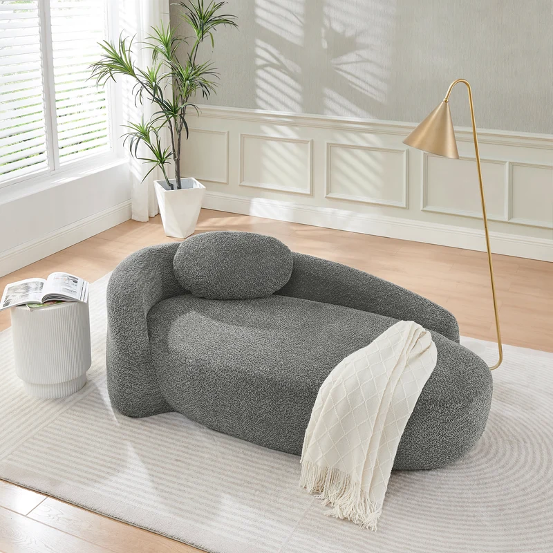 Méridienne canapé en tissu teddy gris foncé, design arrondi et minimaliste ITALIAN FABRIC PRIME
