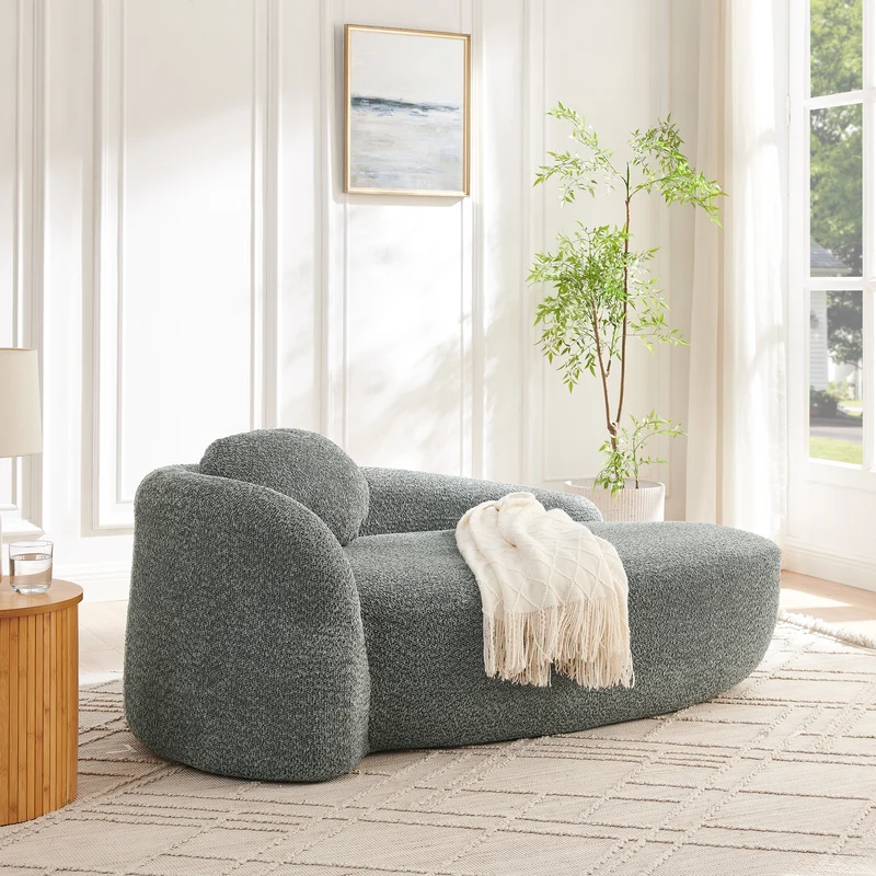 Méridienne canapé en tissu teddy gris foncé, design arrondi et minimaliste ITALIAN FABRIC PRIME