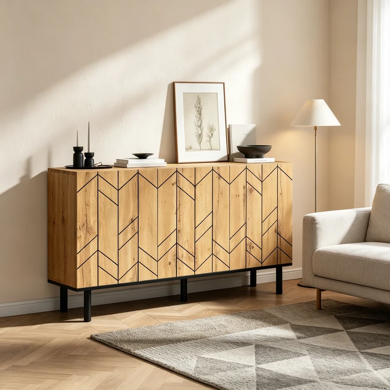 Buffet effet bois design chevron 3 portes battantes 120x35x70cm ITALIAN SCREEN