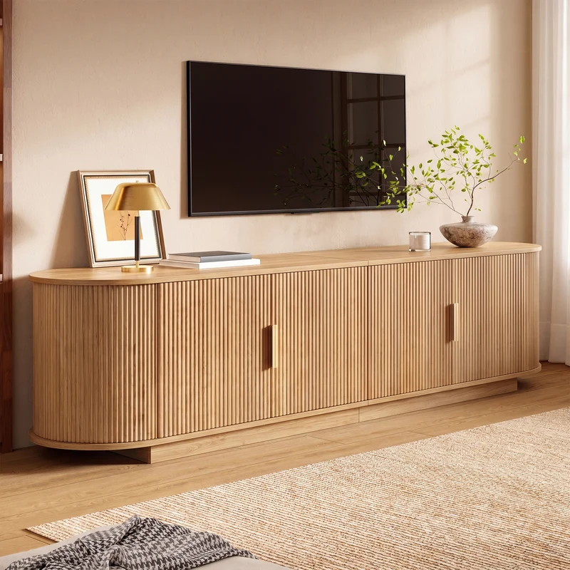 Meuble TV ovale rétro effet bois clair 4 portes au design ondulé 3D détails dorés FLEX STONE PRO