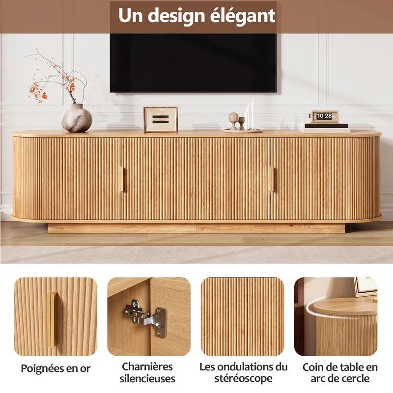 Meuble TV ovale rétro effet bois clair 4 portes au design ondulé 3D détails dorés FLEX STONE PRO