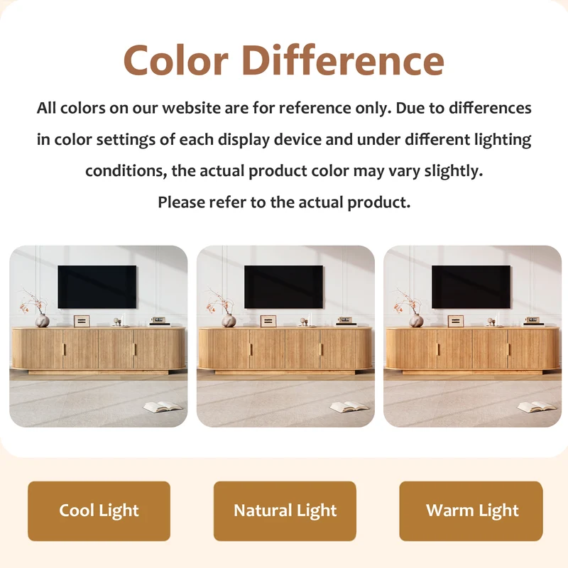 Meuble TV ovale rétro effet bois clair 4 portes au design ondulé 3D détails dorés FLEX STONE PRO