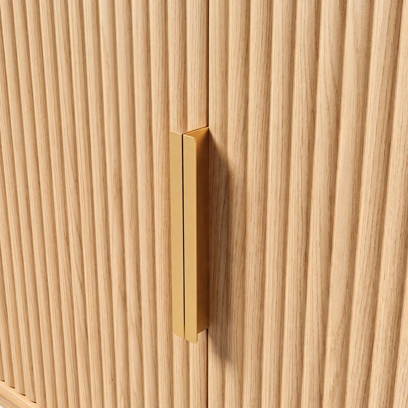 Meuble TV ovale rétro effet bois clair 4 portes au design ondulé 3D détails dorés FLEX STONE PRO