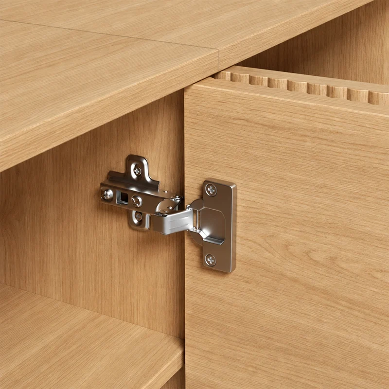 Meuble TV ovale rétro effet bois clair 4 portes au design ondulé 3D détails dorés FLEX STONE PRO