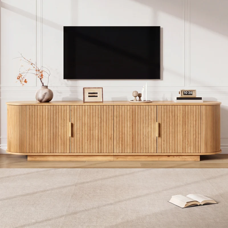 Meuble TV ovale rétro effet bois clair 4 portes au design ondulé 3D détails dorés FLEX STONE PRO