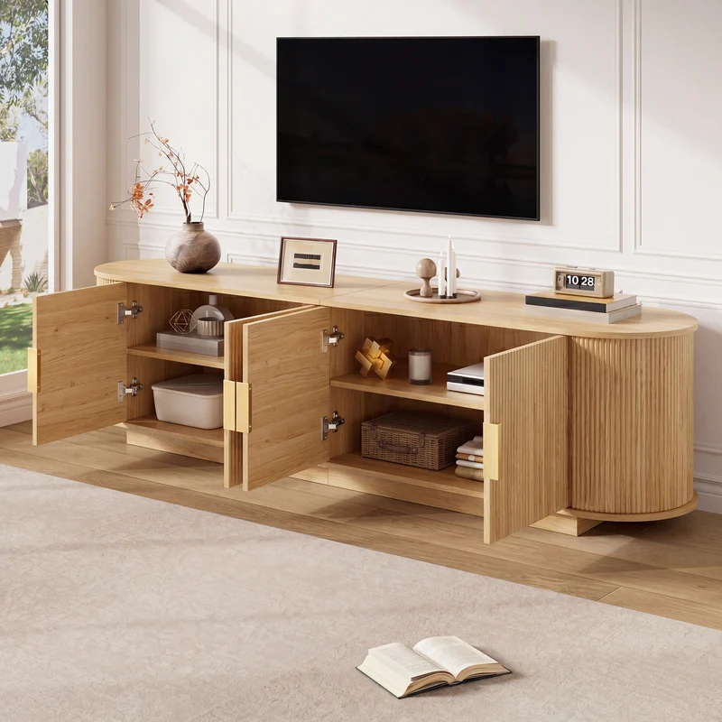 Meuble TV ovale rétro effet bois clair 4 portes au design ondulé 3D détails dorés FLEX STONE PRO