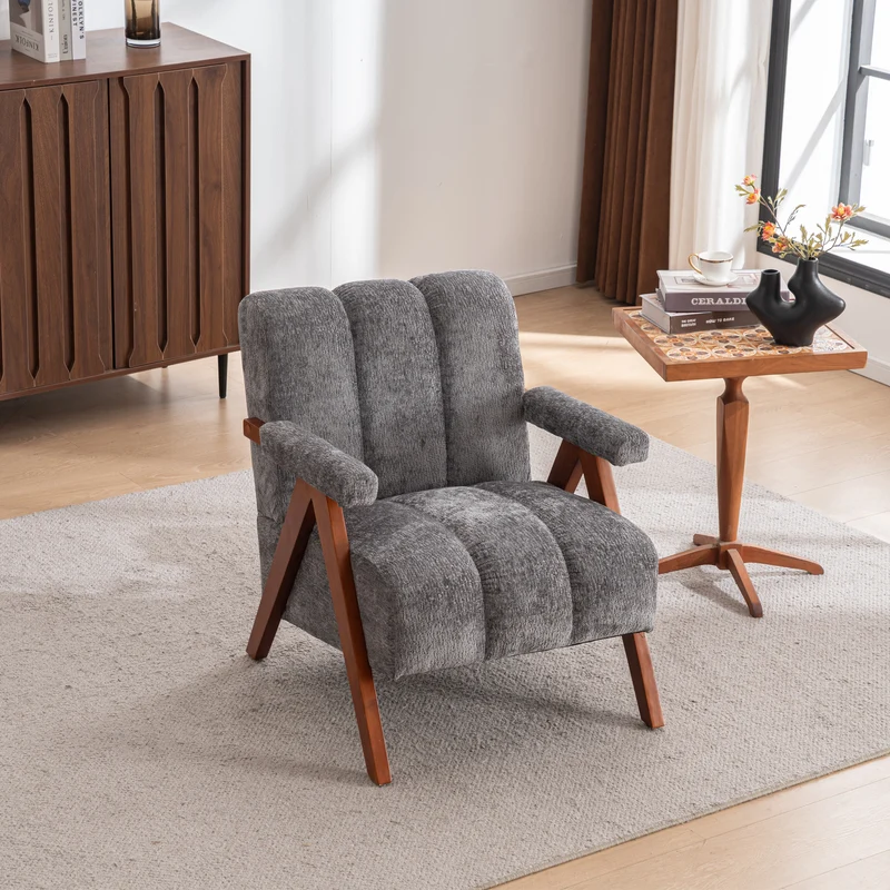 Fauteuil rétro en tissu bouclé gris avec pieds en chêne massif ITALIAN VANITY