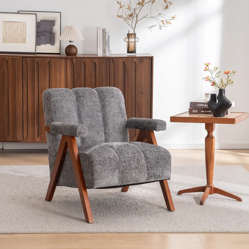 Fauteuil rétro en tissu bouclé gris avec pieds en chêne massif ITALIAN VANITY