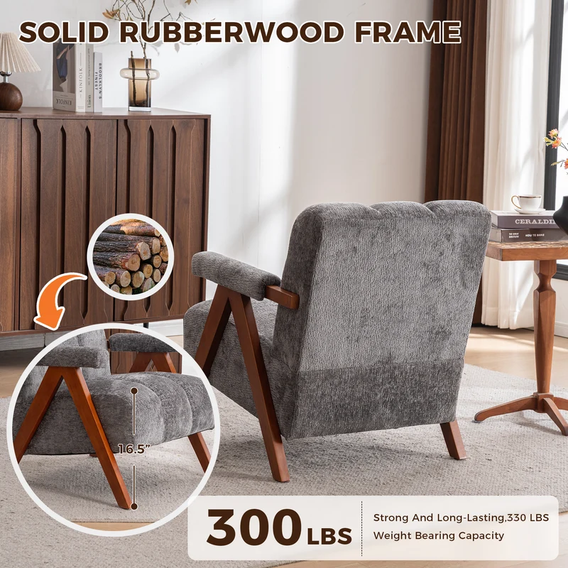 Fauteuil rétro en tissu bouclé gris avec pieds en chêne massif ITALIAN VANITY